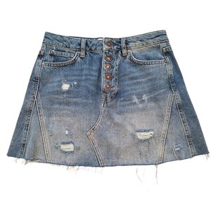 Free People We the Free Distressed Button Front Denim Mini Skirt, Sz 26